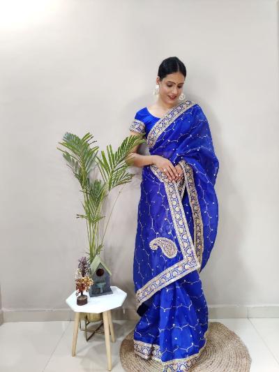 1 Min Blue Khadi Organza Silk Stitched Readymade Saree - BONYHUBSAREE