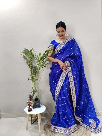 1 Min Blue Khadi Organza Silk Stitched Readymade Saree - BONYHUBSAREE