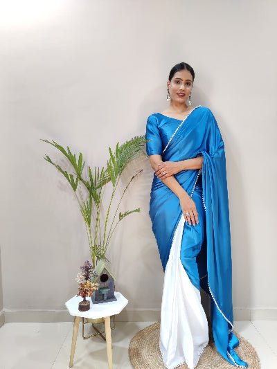 1 Min Blue & White Soft Satin Stitched Readymade Saree - BONYHUBSAREE