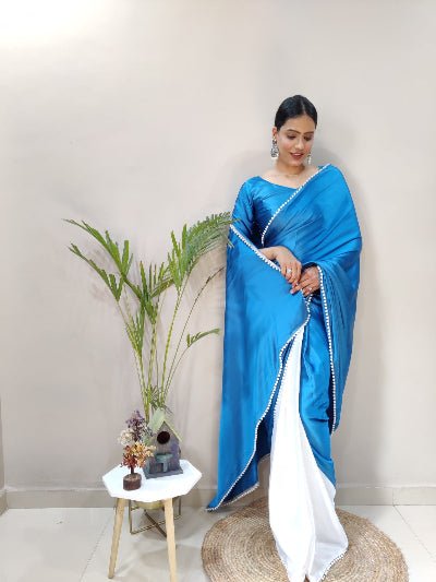 1 Min Blue & White Soft Satin Stitched Readymade Saree - BONYHUBSAREE