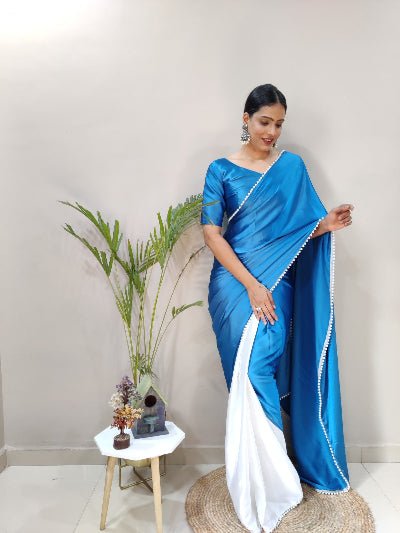 1 Min Blue & White Soft Satin Stitched Readymade Saree - BONYHUBSAREE