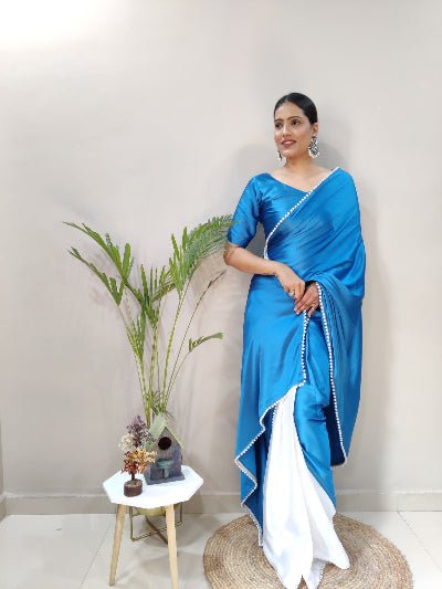 1 Min Blue & White Soft Satin Stitched Readymade Saree - BONYHUBSAREE