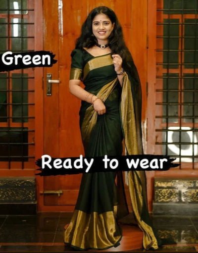 1 Min Bottle Green Chiffon Silk Traditional Readymade Sari UK Next Day - BONYHUBSAREE