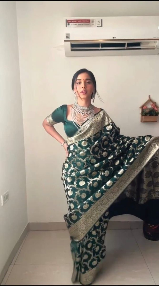 1 Min Bottle Green Soft Litchi Silk Stitched Readymade Saree - BONYHUBSAREE