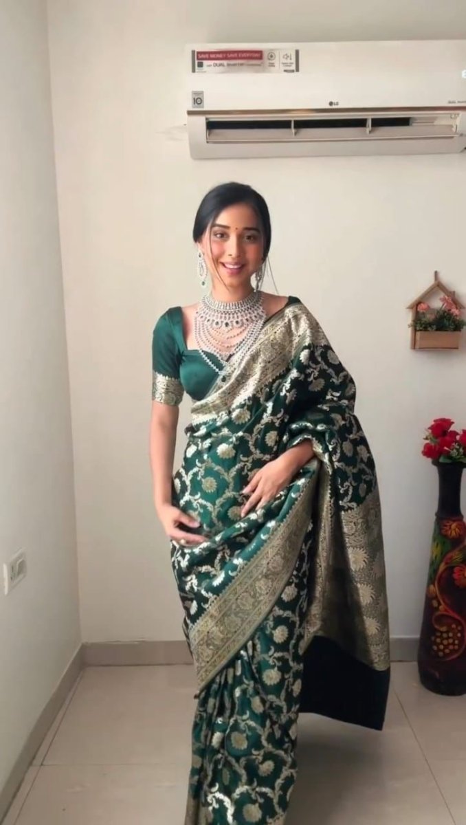 1 Min Bottle Green Soft Litchi Silk Stitched Readymade Saree - BONYHUBSAREE