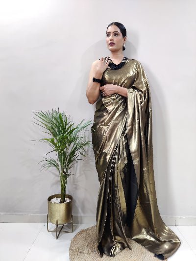 1 Min Bronze Shimmer Satin Silk Stitched Readymade Saree+ Blouse - BONYHUBSAREE