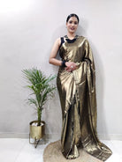 1 Min Bronze Shimmer Satin Silk Stitched Readymade Saree+ Blouse - BONYHUBSAREE