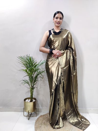 1 Min Bronze Shimmer Satin Silk Stitched Readymade Saree+ Blouse - BONYHUBSAREE