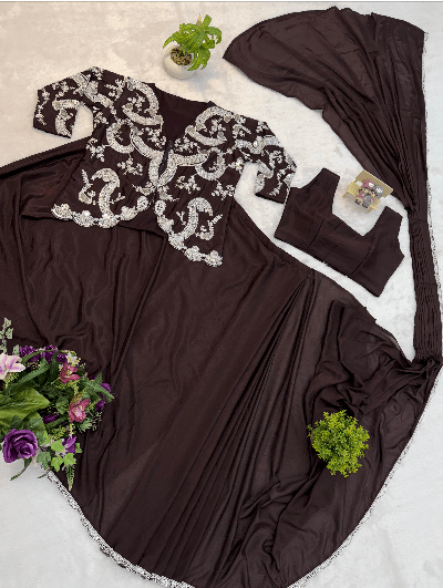 1 Min Brown Embroidered Ready to Wear Stitched Saree Blouse &amp; Koti - BONYHUBSAREE