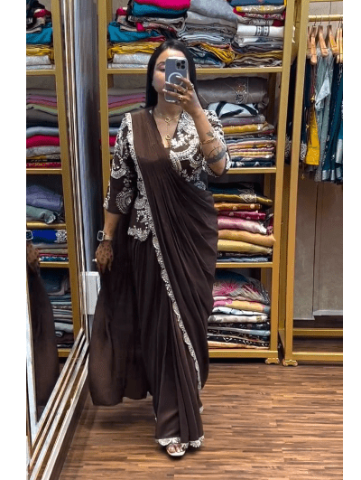 1 Min Brown Embroidered Ready to Wear Stitched Saree Blouse &amp; Koti - BONYHUBSAREE