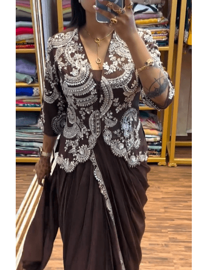 1 Min Brown Embroidered Ready to Wear Stitched Saree Blouse &amp; Koti - BONYHUBSAREE
