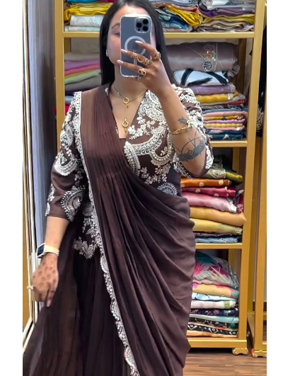 1 Min Brown Embroidered Ready to Wear Stitched Saree Blouse &amp; Koti - BONYHUBSAREE