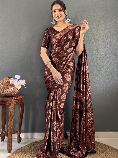 1 Min Brown Soft Moss Silk Stitched Readymade Saree - BONYHUBSAREE