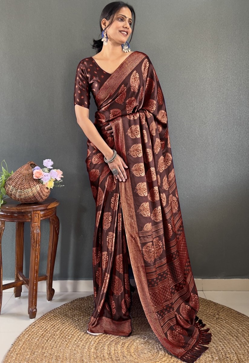 1 Min Brown Soft Moss Silk Stitched Readymade Saree - BONYHUBSAREE