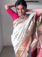 1 Min Cream Red Gold Zari Jacquard Stitched Readymade Saree - BONYHUBSAREE