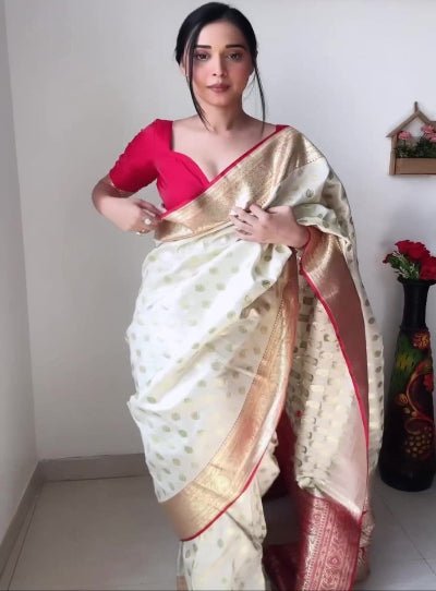 1 Min Cream Red Gold Zari Jacquard Stitched Readymade Saree - BONYHUBSAREE