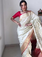 1 Min Cream Red Gold Zari Jacquard Stitched Readymade Saree - BONYHUBSAREE