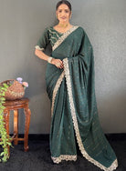1 Min Dark Green Georgette Lace Swarovski work Stitched Readymade Saree - BONYHUBSAREE