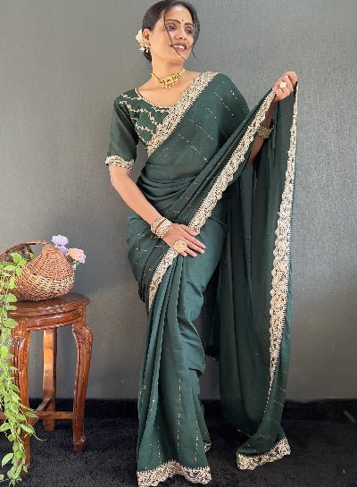 1 Min Dark Green Georgette Lace Swarovski work Stitched Readymade Saree - BONYHUBSAREE