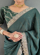 1 Min Dark Green Georgette Lace Swarovski work Stitched Readymade Saree - BONYHUBSAREE