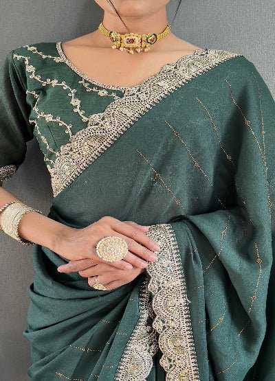 1 Min Dark Green Georgette Lace Swarovski work Stitched Readymade Saree - BONYHUBSAREE