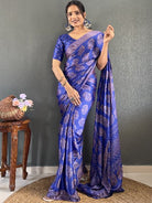 1 Min Electric Blue Soft Moss Silk Stitched Readymade Saree - BONYHUBSAREE