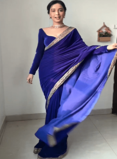 1 Min Electric Blue Velvet Stitched Readymade Saree - BONYHUBSAREE