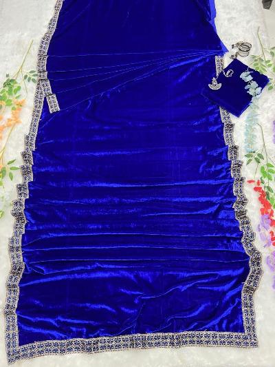 1 Min Electric Blue Velvet Stitched Readymade Saree - BONYHUBSAREE