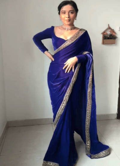 1 Min Electric Blue Velvet Stitched Readymade Saree - BONYHUBSAREE