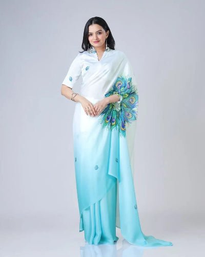 1 Min Free Hand Blue & White Designer Ready To Wear Saree - BONYHUBSAREE
