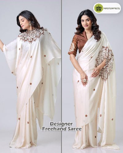 1 Min Free Hand Cream Designer Ready To Wear Saree - BONYHUBSAREE