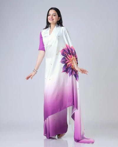 1 Min Free Hand Lilac & White Designer Ready To Wear Saree - BONYHUBSAREE