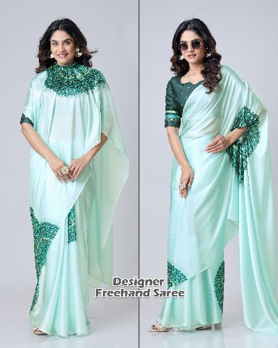 1 Min Free Hand Mint Green Designer Ready To Wear Saree - BONYHUBSAREE