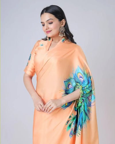 1 Min Free Hand Orange Digital Print Designer Ready To Wear Saree - BONYHUBSAREE