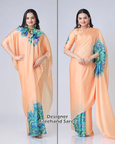 1 Min Free Hand Orange Digital Print Designer Ready To Wear Saree - BONYHUBSAREE