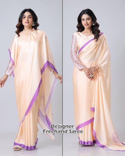 1 Min Free Hand Peach Designer Ready To Wear Saree - BONYHUBSAREE
