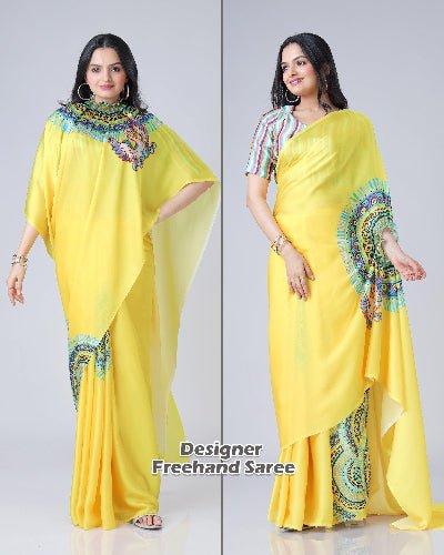 1 Min Free Hand Yellow Designer Ready To Wear Saree - BONYHUBSAREE