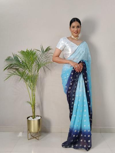 1 Min Georgette Embellished Foil Work Stitched Readymade Saree - BONYHUBSAREE