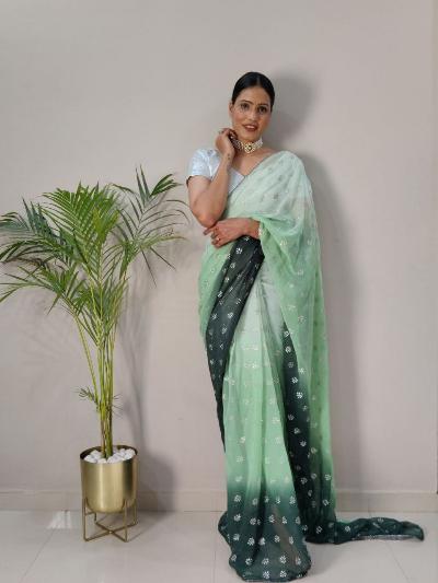 1 Min Georgette Embellished Foil Work Stitched Readymade Saree - BONYHUBSAREE