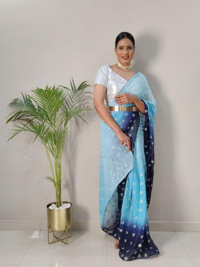 1 Min Georgette Embellished Foil Work Stitched Readymade Saree - BONYHUBSAREE