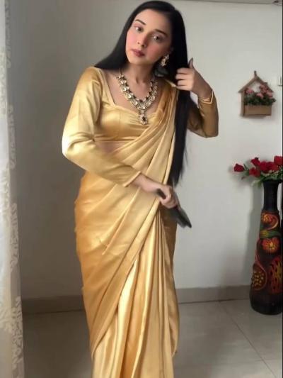 1 Min Gold Satin Silk Stitched Readymade Saree - BONYHUBSAREE