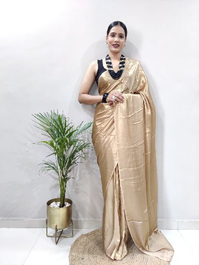 1 Min Golden Satin Silk Stitched Readymade Saree+ Blouse UK Next Day - BONYHUBSAREE
