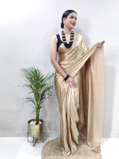 1 Min Golden Satin Silk Stitched Readymade Saree+ Blouse UK Next Day - BONYHUBSAREE
