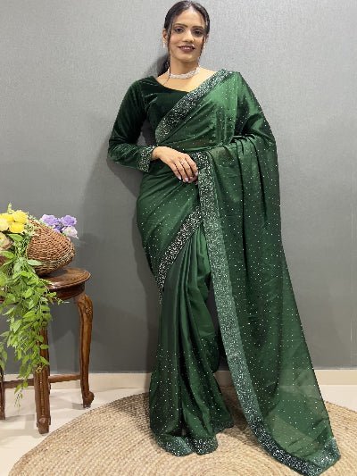 1 Min Green Readymade Saree FREE Velvet Blouse UK Next Day - BONYHUBSAREE