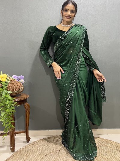 1 Min Green Readymade Saree FREE Velvet Blouse UK Next Day - BONYHUBSAREE