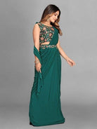 1 Min Green Ruffles Pleated Readymade Saree & Blouse UK Next Day - BONYHUBSAREE