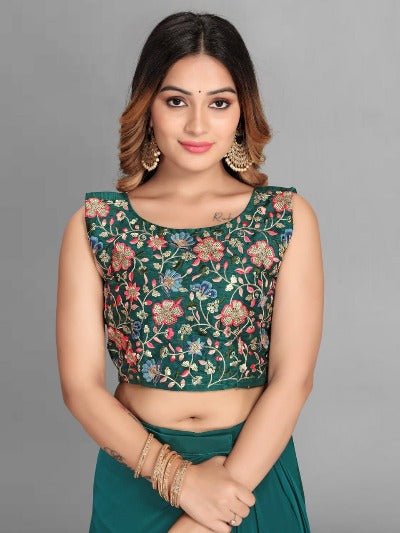 1 Min Green Ruffles Pleated Readymade Saree & Blouse UK Next Day - BONYHUBSAREE