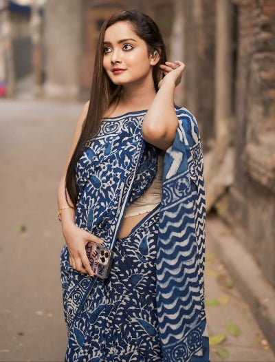 1 Min Indigo Blue Linen Silk Stitched Readymade Saree - BONYHUBSAREE