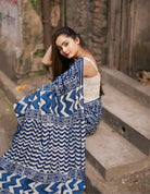 1 Min Indigo Blue Linen Silk Stitched Readymade Saree - BONYHUBSAREE