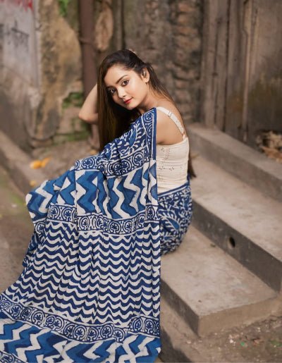 1 Min Indigo Blue Linen Silk Stitched Readymade Saree - BONYHUBSAREE